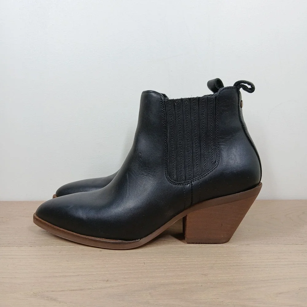 Patina Ankle Boots Women 6 Black Leather Pointed Toe Western Chelsea Block Heel
